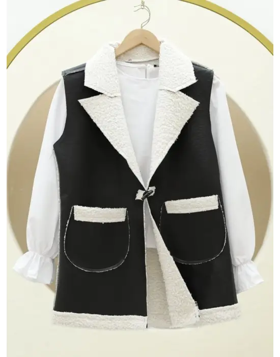 Omarı Yumuşak Kuzu Peluş Çift Cepli Yelek - Ekru