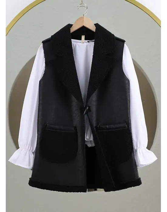 İçi Kuzu Peluş Çift Cepli Yelek -Siyah