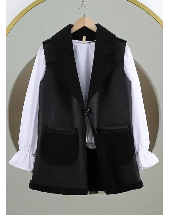 İçi Kuzu Peluş Çift Cepli Yelek -Siyah