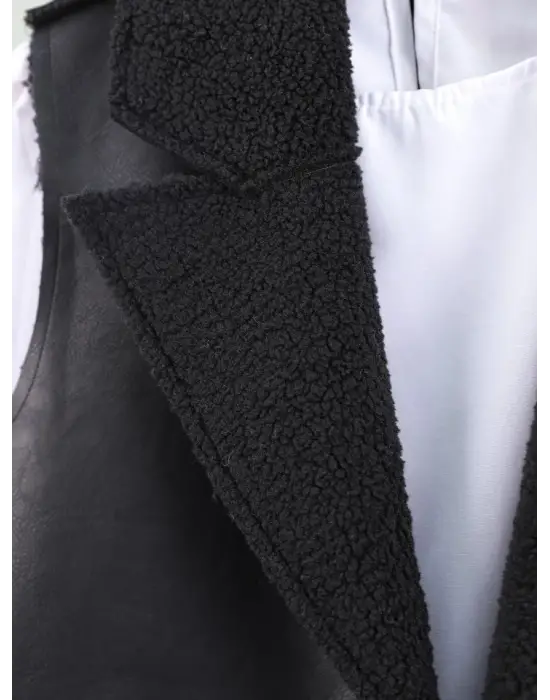 İçi Kuzu Peluş Çift Cepli Yelek -Siyah