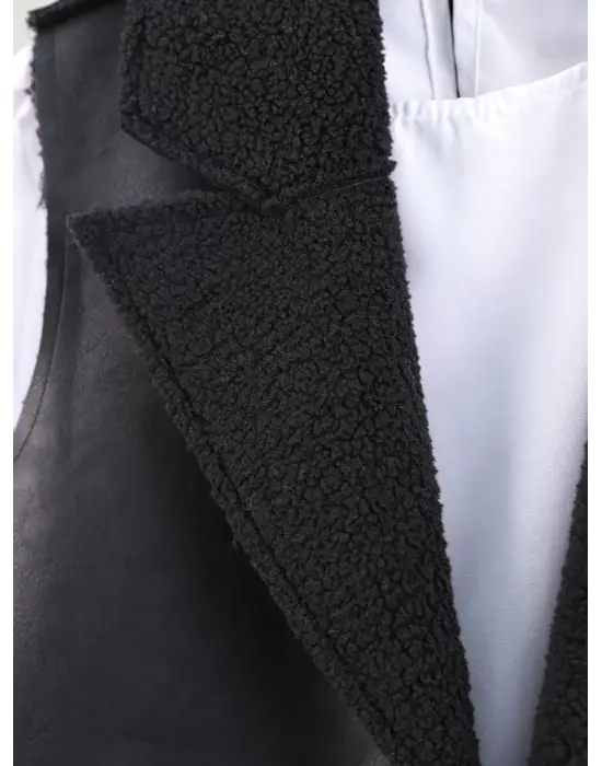 İçi Kuzu Peluş Çift Cepli Yelek -Siyah