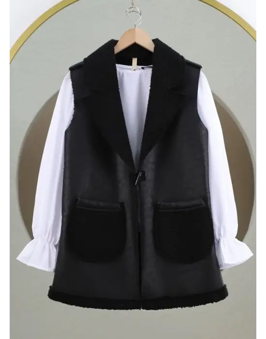 Siyah İçi Kuzu Peluş Çift Cepli Yelek Kadın Giyim