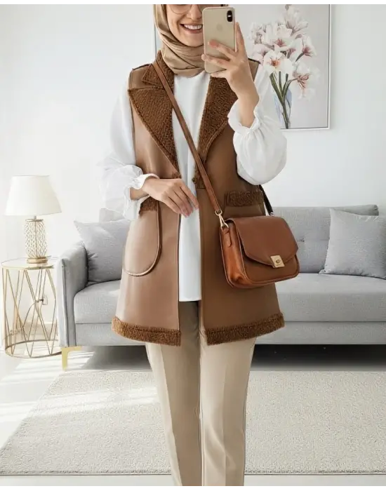 İçi Kuzu Peluş Çift Cepli Yelek   -Taba