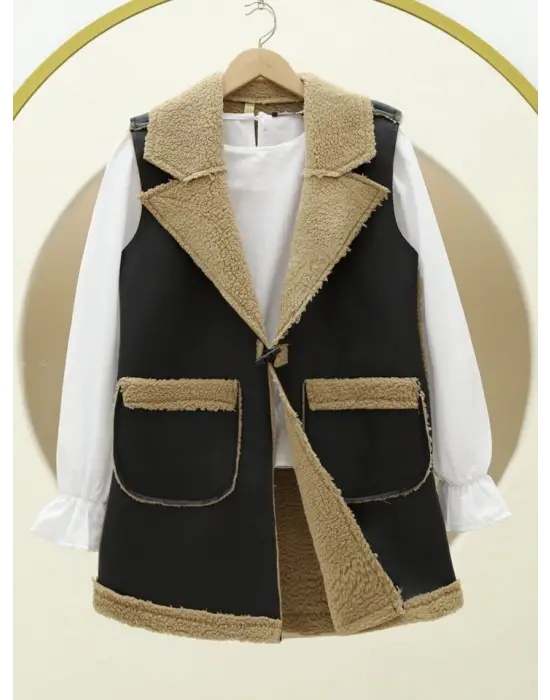 Vizon İçi Kuzu Peluş Çift Cepli Yelek Kadın Giyim