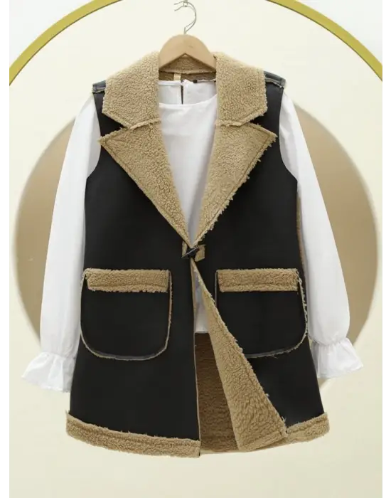 İçi Kuzu Peluş Çift Cepli Yelek  -Vizon