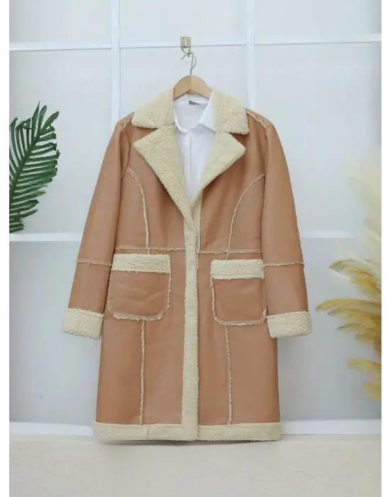 İçi Peluşlu Çıtçıtlı Cepli Deri Mont -Vizon