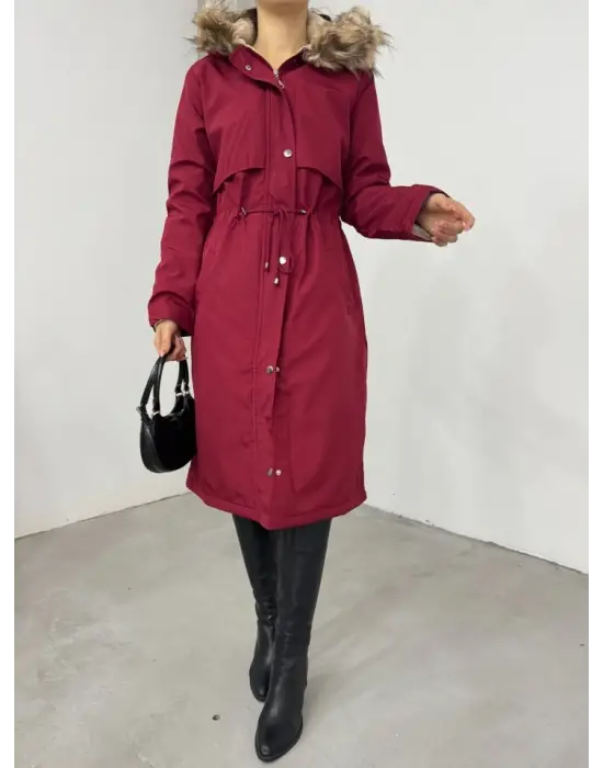 Bordo İçi Peluşlu Sabit Kapşonlu Uzun Mont Kadın Giyim