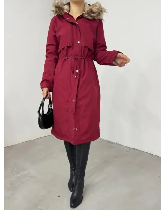 Omarı Pelüşlu Kapşonlu Uzun Mont - Bordo