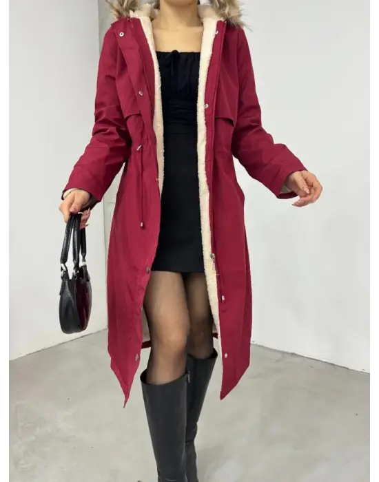Omarı Pelüşlu Kapşonlu Uzun Mont - Bordo