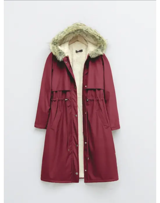 Bordo İçi Peluşlu Sabit Kapşonlu Uzun Mont Kadın Giyim