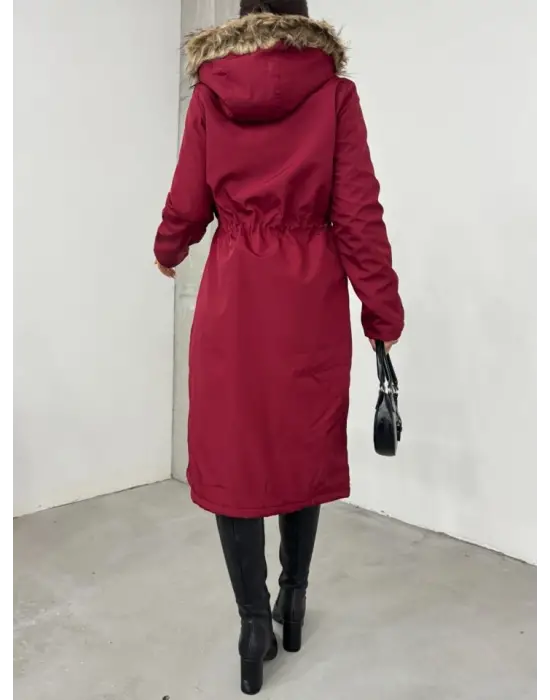 Bordo İçi Peluşlu Sabit Kapşonlu Uzun Mont Kadın Giyim