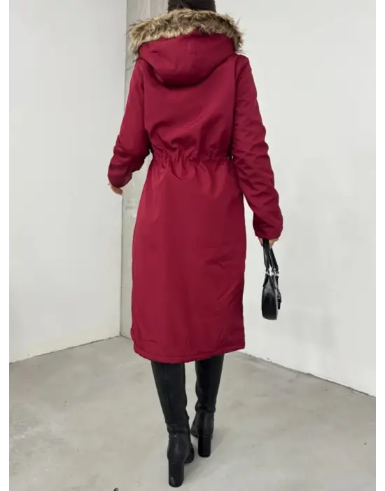 Omarı Pelüşlu Kapşonlu Uzun Mont - Bordo