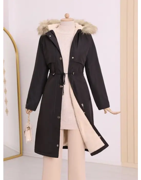 İçi Peluşlu Sabit Kapşonlu Tünel Bağcıklı Uzun Mont -Siyah