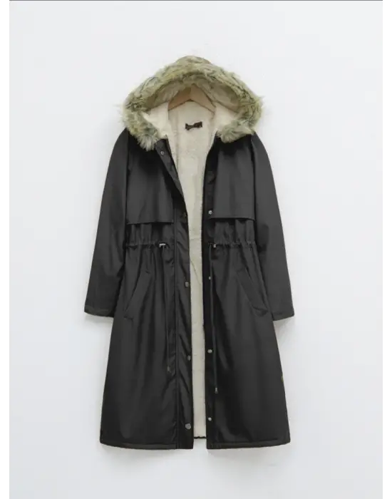 İçi Peluşlu Sabit Kapşonlu Tünel Bağcıklı Uzun Mont -Siyah