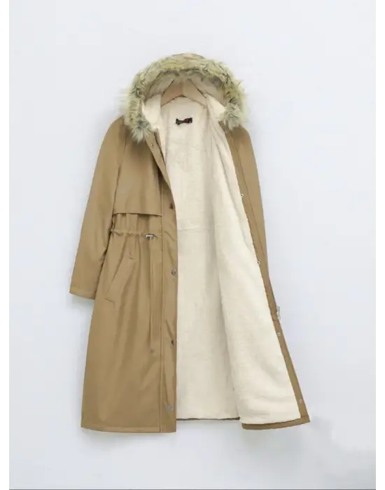 Omarı Pelüş Kapşonlu Uzun Mont - Vizon Renkli