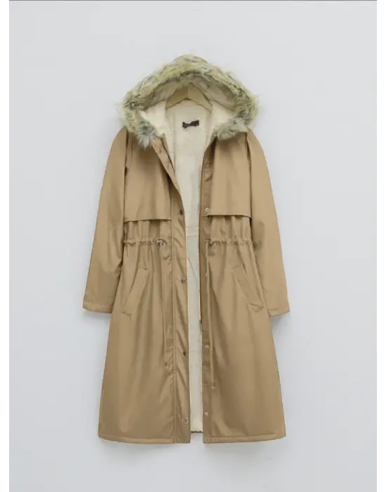 İçi Peluşlu Sabit Kapşonlu Tünel Bağcıklı Uzun Mont -Vizon