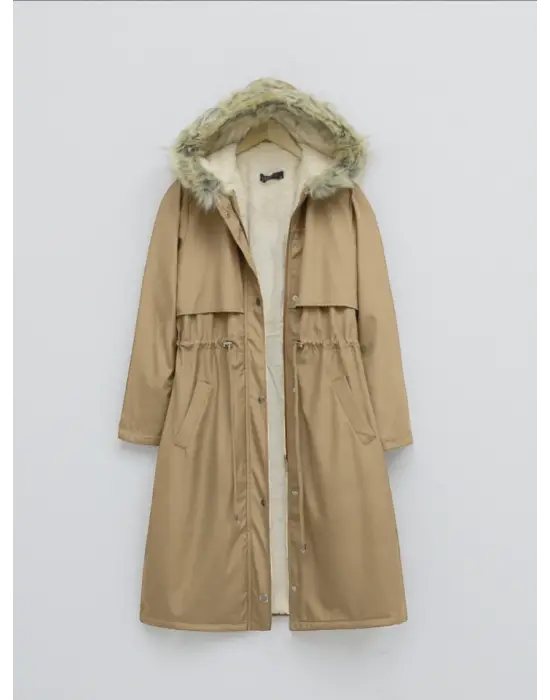 Omarı Pelüş Kapşonlu Uzun Mont - Vizon Renkli