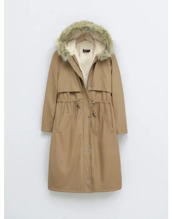 İçi Peluşlu Sabit Kapşonlu Tünel Bağcıklı Uzun Mont -Vizon