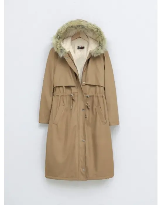 Omarı Pelüş Kapşonlu Uzun Mont - Vizon Renkli