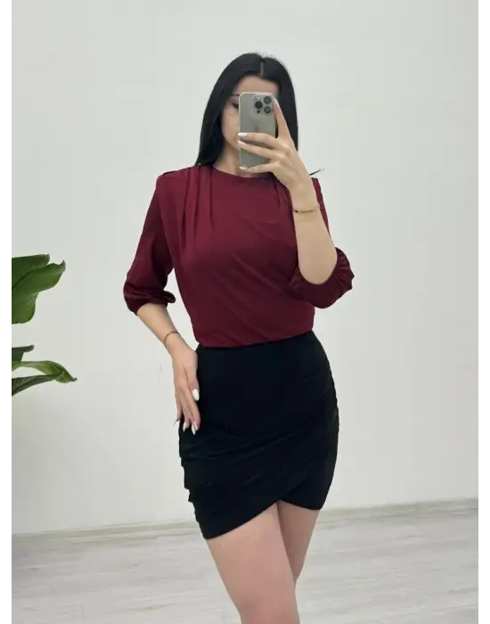 İçi Tulumlu Omuzdan Büzgülü Vatkalı Sendy Bluz -Bordo