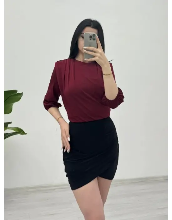 Omarı Omuzdan Büzgülü Vatkalı Bordo Sendy Bluz