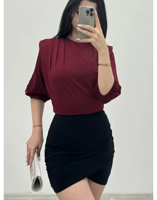 İçi Tulumlu Omuzdan Büzgülü Vatkalı Sendy Bluz -Bordo