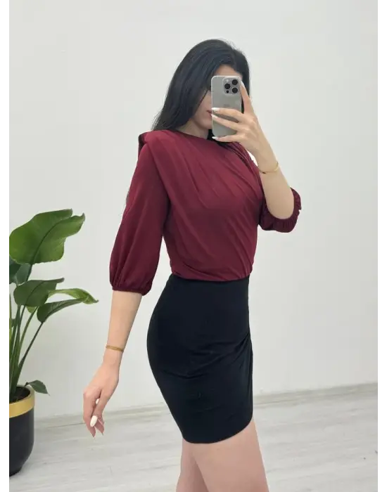 İçi Tulumlu Omuzdan Büzgülü Vatkalı Sendy Bluz -Bordo