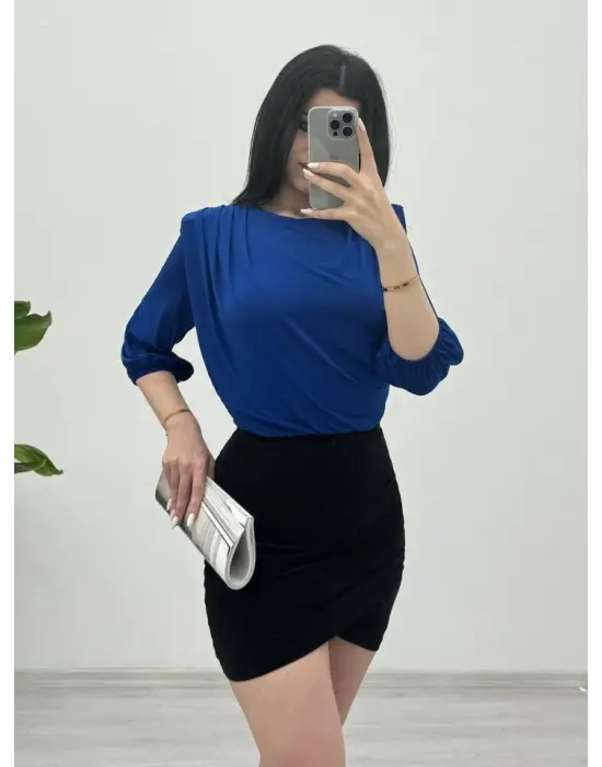 İçi Tulumlu Omuzdan Büzgülü Vatkalı Sendy Bluz -Saks