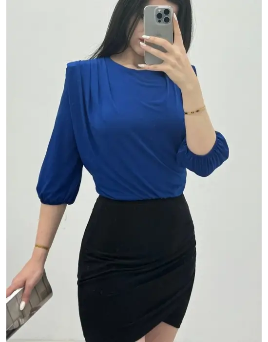 İçi Tulumlu Omuzdan Büzgülü Vatkalı Sendy Bluz -Saks