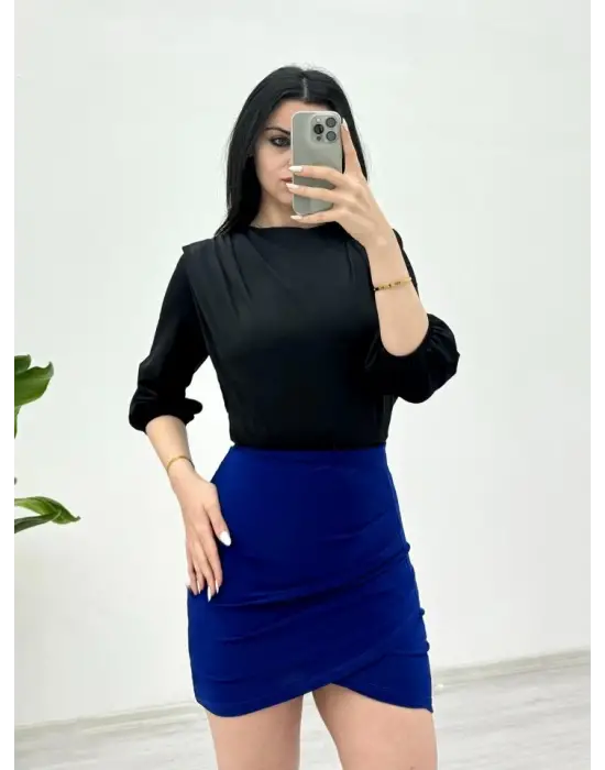 İçi Tulumlu Omuzdan Büzgülü Vatkalı Sendy Bluz -Siyah