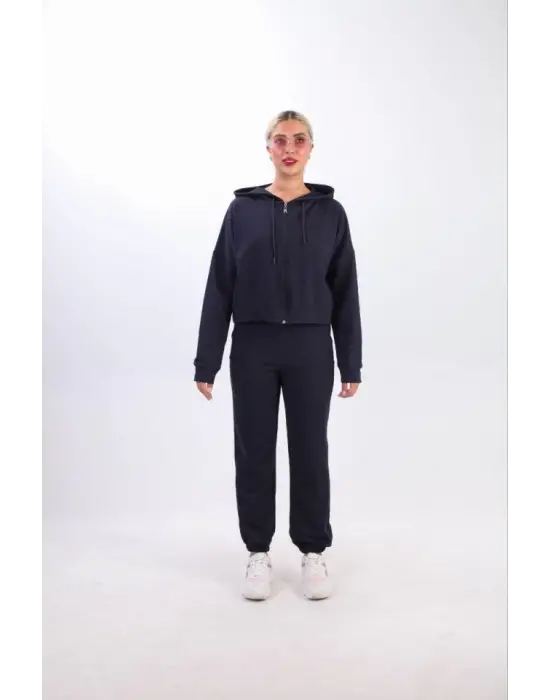 Omarı Kapüşonlu Crop Oversize Hırka Takımı - Lacivert