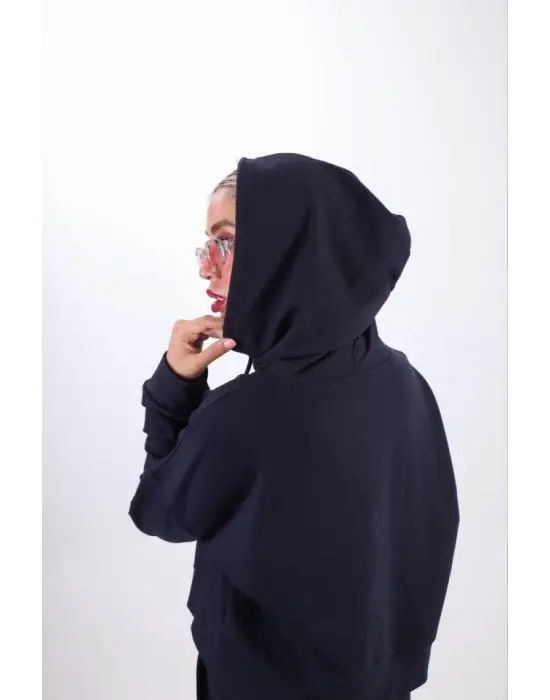 Omarı Kapüşonlu Crop Oversize Hırka Takımı - Lacivert