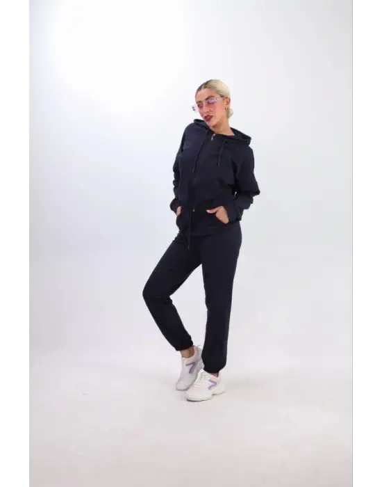 Omarı Kapüşonlu Crop Oversize Hırka Takımı - Lacivert