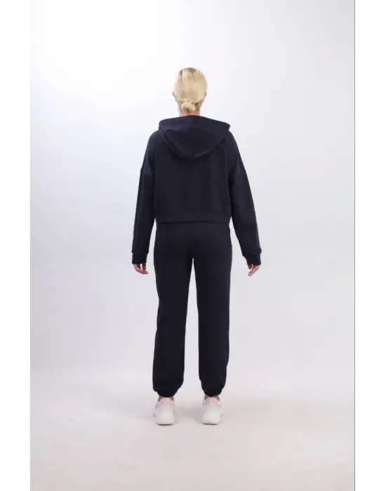 Omarı Kapüşonlu Crop Oversize Hırka Takımı - Lacivert