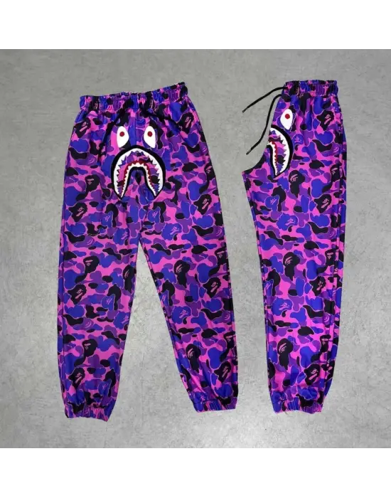 İki İplik Mevsimlik Bape Nakişli Eşofman Pantolon - Mor