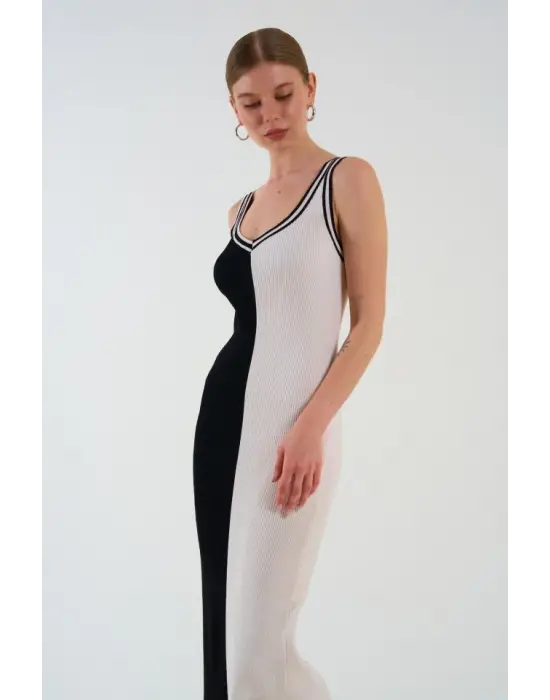 İki Renki Kolsuz Elbise - Siyah-Krem