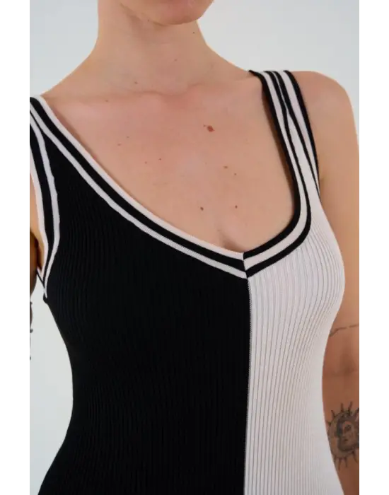 İki Renki Kolsuz Elbise - Siyah-Krem