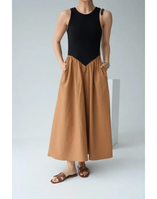 İki Renkli Elbise - Siyah-Taba