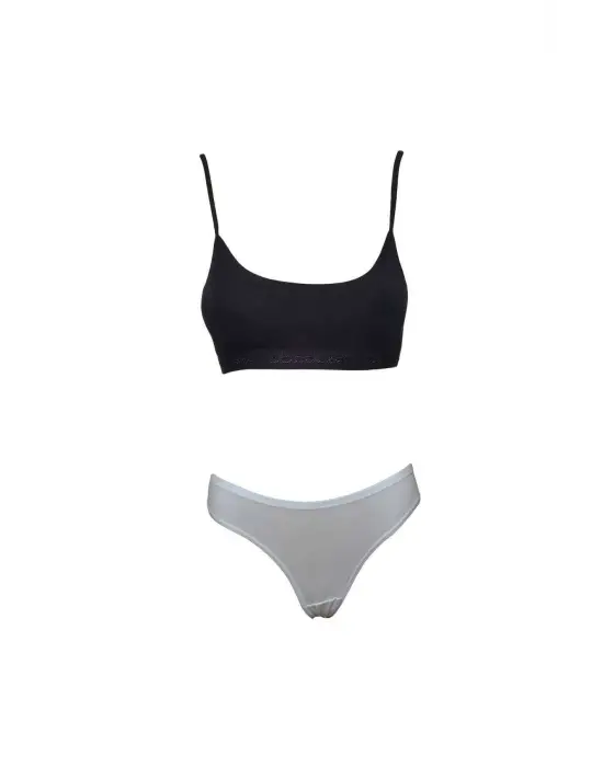 Omarı Pedli İp Askılı Yarım Atlet Külot Takım Siyah Beyaz