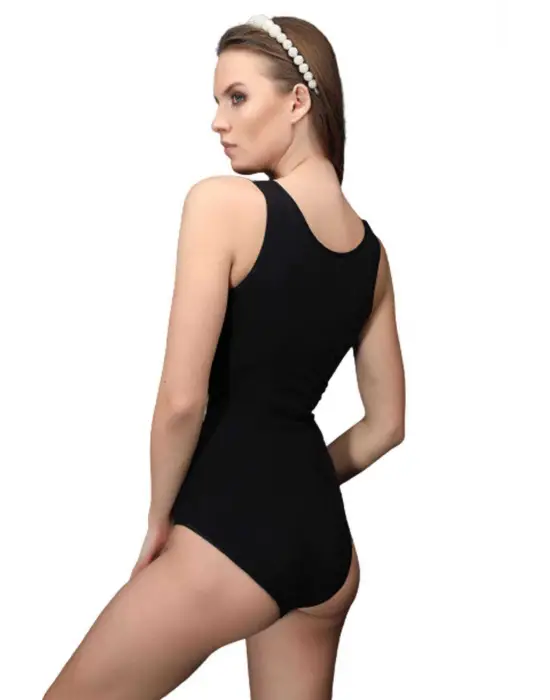 Omarı Dikişsiz Çıtçıtlı Geniş Askılı Siyah Slip Body