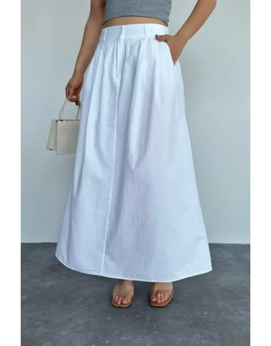 İnce Pileli Düz Etek - Beyaz