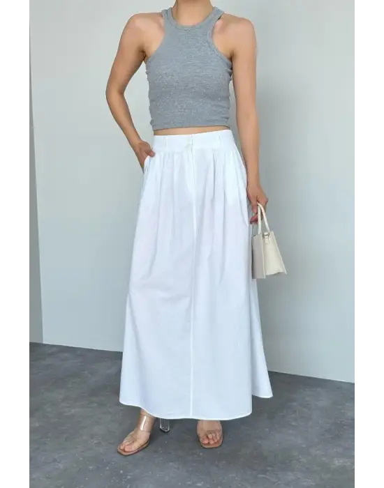İnce Pileli Düz Etek - Beyaz