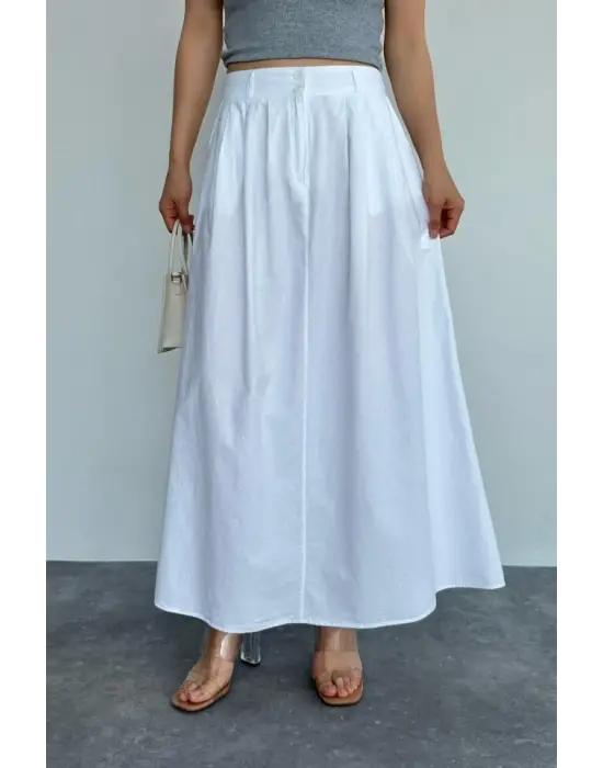 İnce Pileli Düz Etek - Beyaz