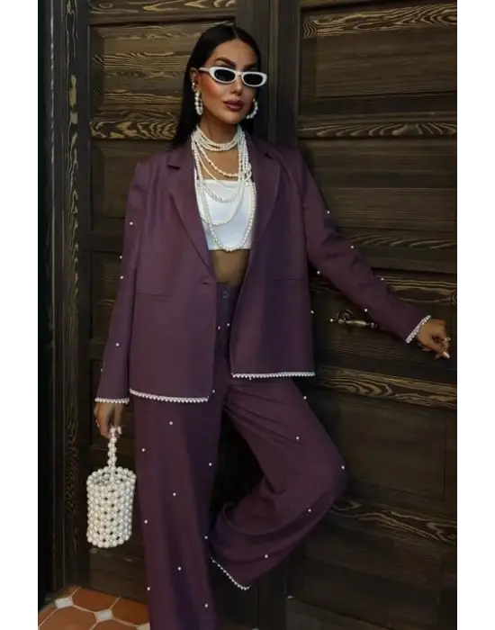 Omarı İnci Detaylı Keten Takım