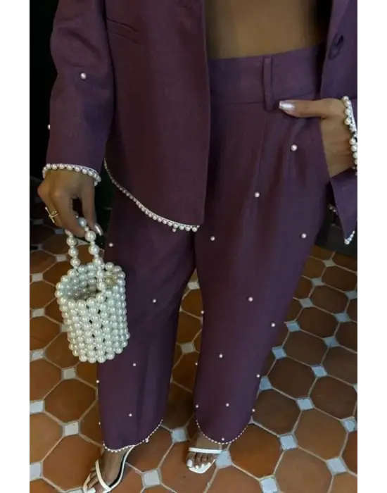 Omarı İnci Detaylı Keten Takım