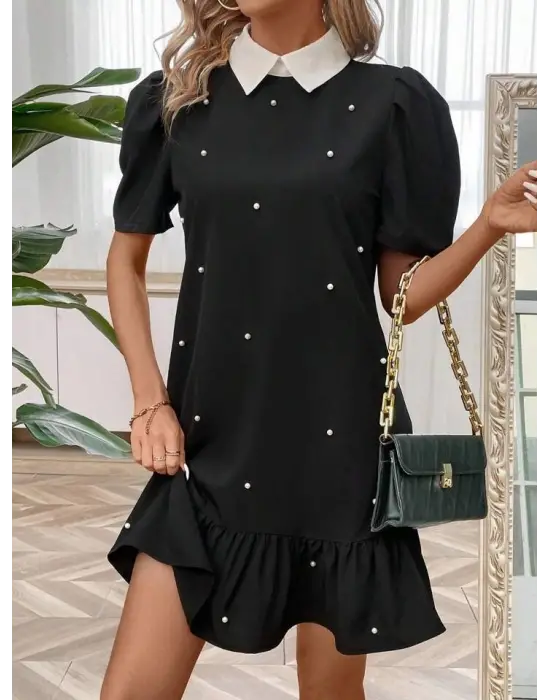 Omarı İnci Detaylı Kadın Kısa Kollu Krep Elbise