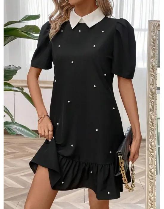 Omarı İnci Detaylı Kadın Kısa Kollu Krep Elbise