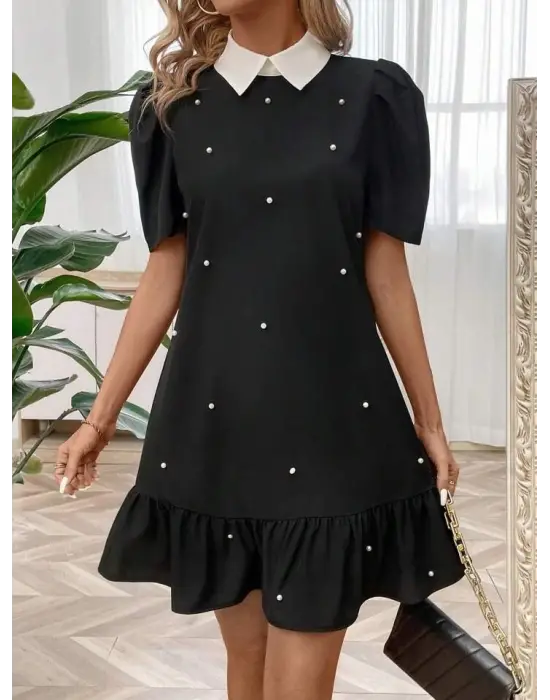 Omarı İnci Detaylı Kadın Kısa Kollu Krep Elbise