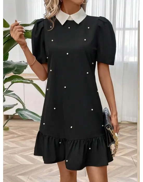 Omarı İnci Detaylı Kadın Kısa Kollu Krep Elbise