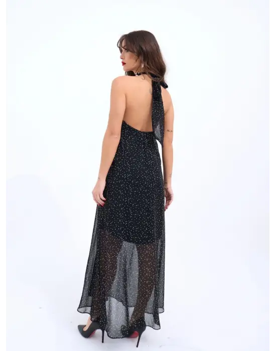 Omarı Çiçek Desenli Uzun Kollu Şifon Elbise